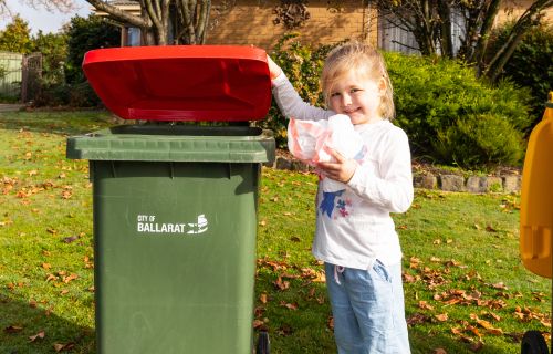 Image of a child placing rubbish in the kerbside waste bin