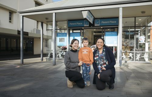 Parent Place volunteer June and her son Mak with Parent Place Facilitator Angela East