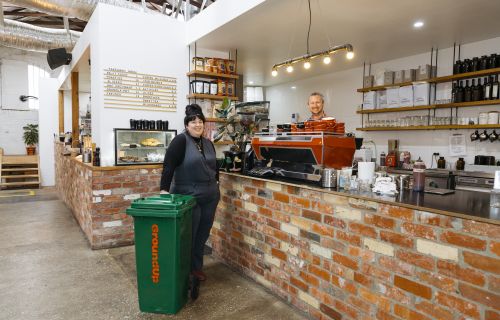 GroundUp Coffee Recyclers founder Eliza Whitburn-Weber with The Hydrant Food Hall owner Sam Rowe