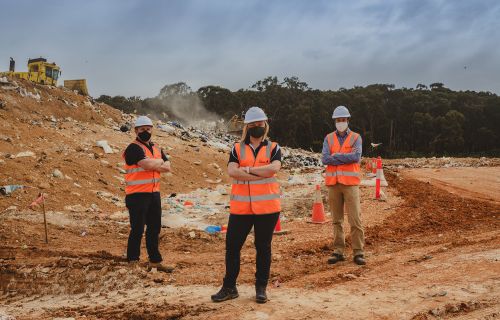 City of Ballarat Executive Manager Waste and Environment Les Stokes, Circular Economy Lead Siobhan Dent and Materials Recovery Facility Business Case Lead Quenton Gay at the Ballarat Transfer Station.