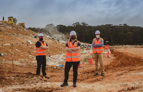 City of Ballarat Executive Manager Waste and Environment Les Stokes, Circular Economy Lead Siobhan Dent and Materials Recovery Facility Business Case Lead Quenton Gay at the Ballarat Transfer Station. 