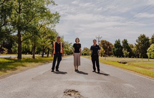 City of Ballarat Supervisor Sealed Roads Ken Brand, Director Infrastructure and Environment Bridget Wetherall and Acting Executive Manager Operations Luke Ives at Remembrance Drive, Cardigan.