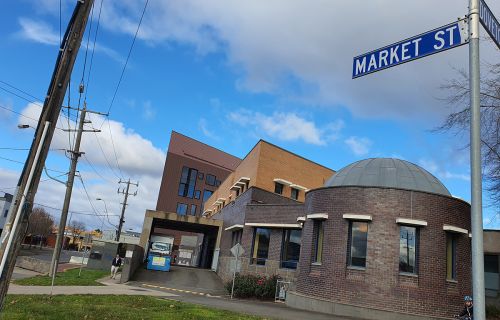 Market street sign view from the library corner