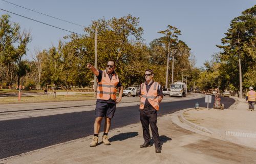 : City of Ballarat Executive Manager Operations Luke Ives and Road Maintenance Contract Supervisor Paul Humphrey oversee major patching works to a section of damaged road on Wendouree Parade