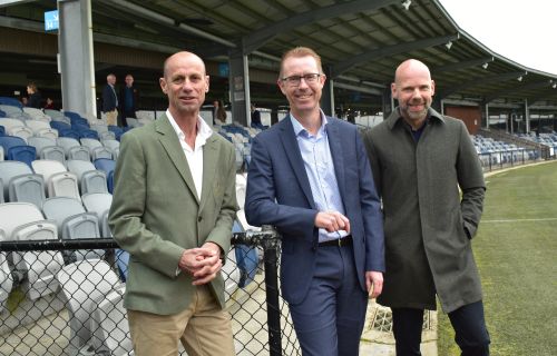 Ballarat's Steve Moneghetti, City of Ballarat Chief Executive Officer Evan King and Victoria 2026 Commonwealth Games Chief Executive Officer Jeroen Weimar.