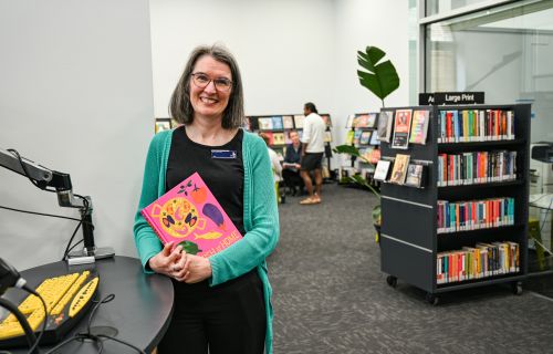 Joanne Lockwood standing at the entrance to Ballarat library at town hall