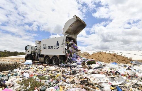 A city of Ballarat waste truck emptying rubbish at the regional landfill