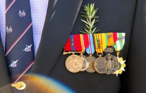 Close up of rosemary and war medals on a jacket