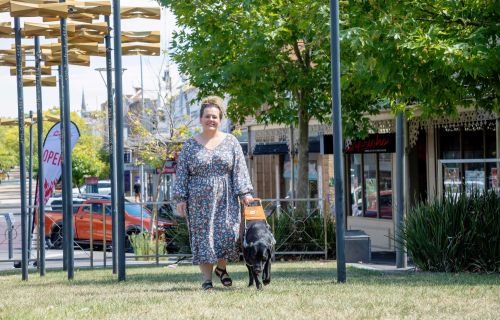 A woman walking a with a black Labrador guide dog