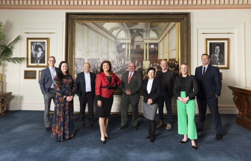 Group image of councillors with CEO in Town Hall Trench Room