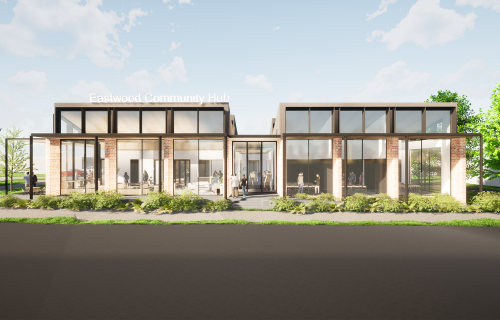 Artist impression of new Eastwood Community Hub, utilising glass and brick in an illustrated design