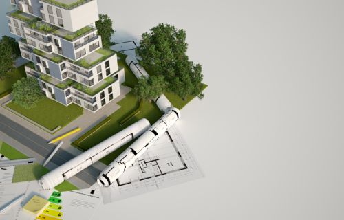 3D rendering of a Sustainable building architecture model with blueprints, energy efficiency chart and other documents