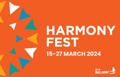 Harmony Fest logo against orange coloured background