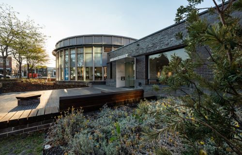 The new entrance to the Ballarat Library features decking and new landscaping. 