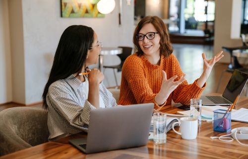 Two ladies sitting at a table with their lap top having a discussion