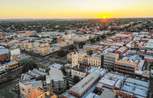 Aerial of sunset over the Ballarat CBD