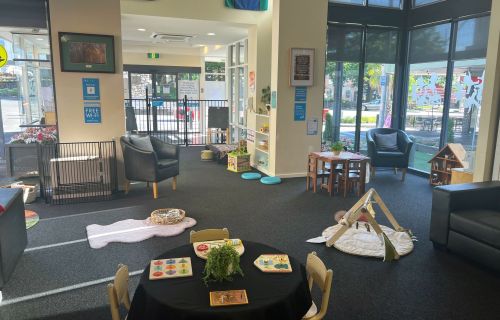 Image of the parent place space with activity areas setup before kids arrive