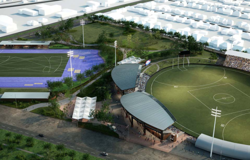 rtist's impression of the aerial view of the Ballarat Major Events Precinct upgrades.