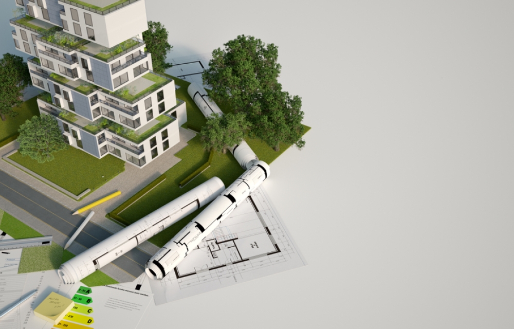 3D rendering of a Sustainable building architecture model with blueprints, energy efficiency chart and other documents
