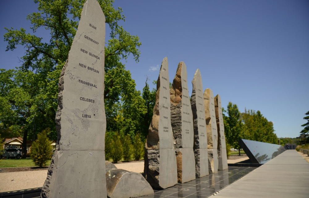 Image of Australian Ex-Prisoners of War Memorial with granite memorial plaques with names of countries and ex-prisoners of war