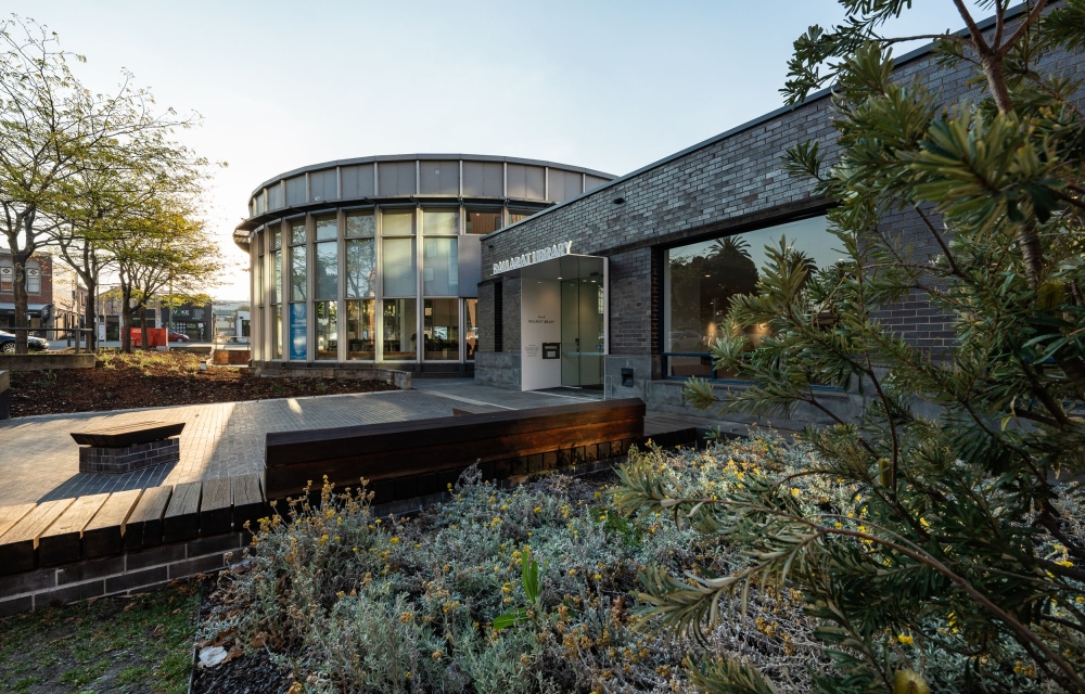 The new entrance to the Ballarat Library features decking and new landscaping.