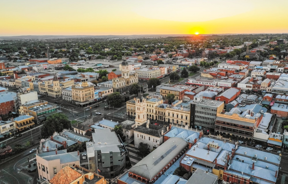 Aerial of sunset over the Ballarat CBD