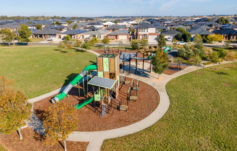 aerial image overlooking new suburb and community playground