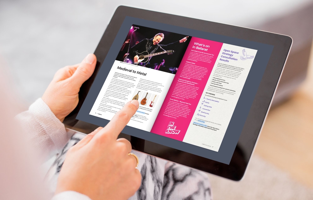 image of iPad with the event pages from the spring edition of ourballarat