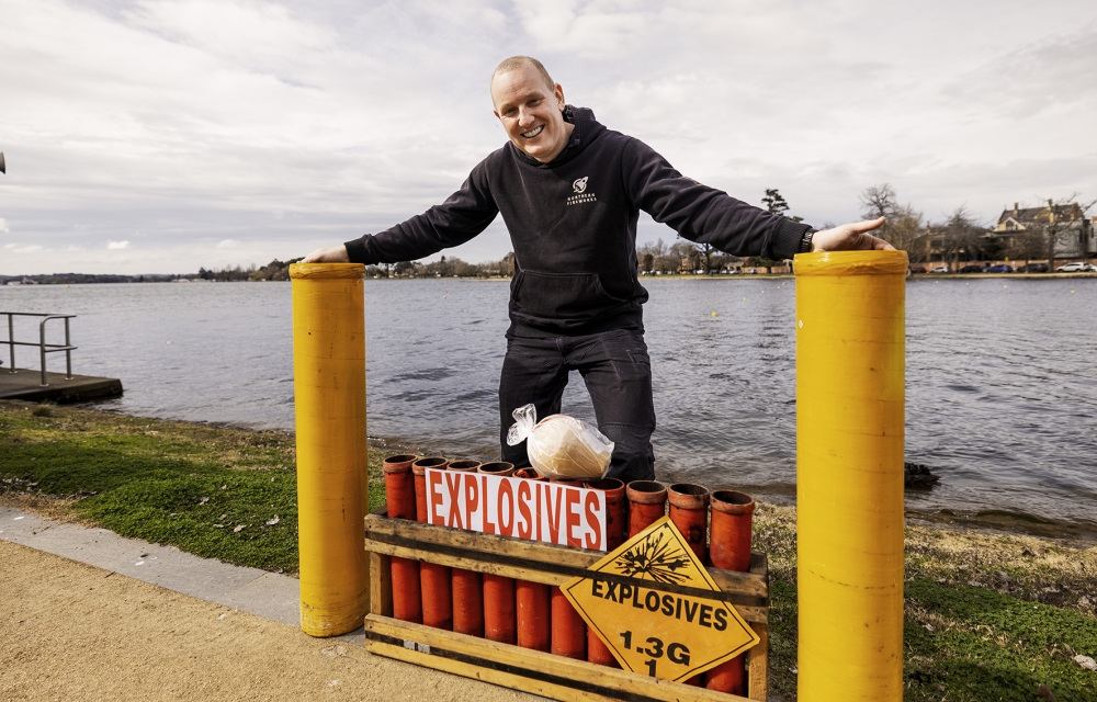 Director of Northern Fireworks Matt Batty pictured at Lake Wendouree with some fireworks props