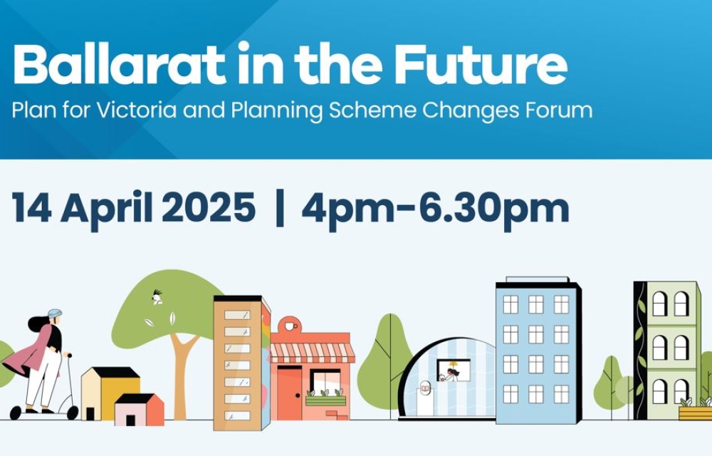 A graphic image with the text 'Ballarat in the Future' and an illustration of a city street. 