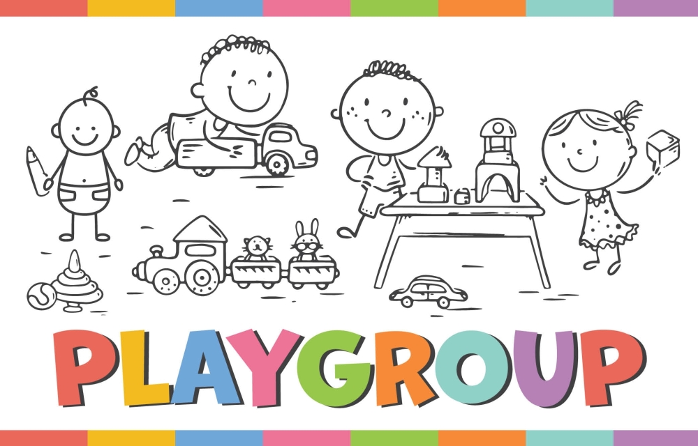 the word playgroup with black and white illustrations of children and toys