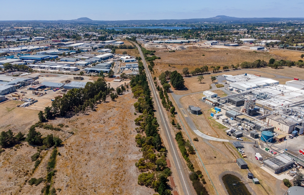 Aerial image of the skipton rail trail looking toward lake wendouree