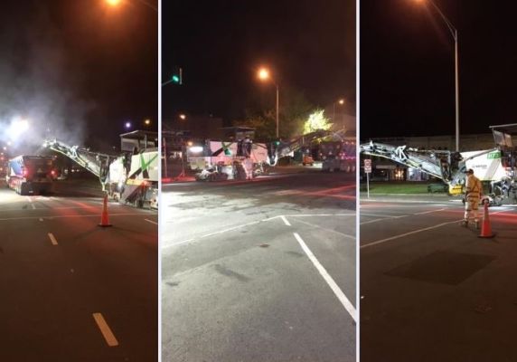 Three photos are side by side. They all depict a profiling machine working on a road from different angles. 