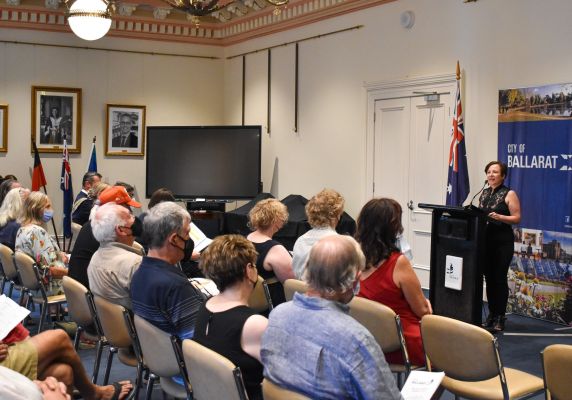 Cr Coates addresses an audience at the Community Awards ceremony last year.