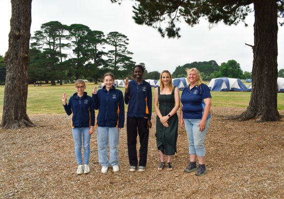 Girl Guides with Cr Amy Johnson and Jamboree Leader Helen Reid.
