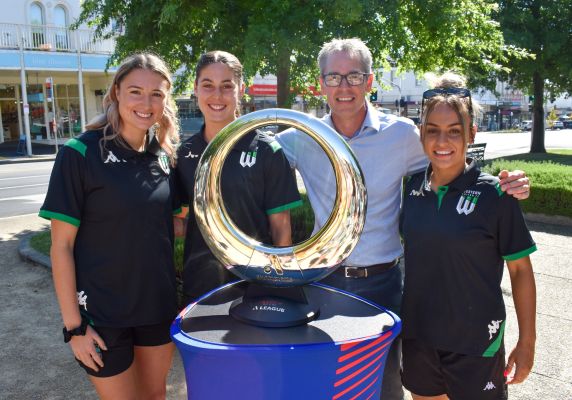 Cr Ben Taylor with Western United Women's players in January, 2023.