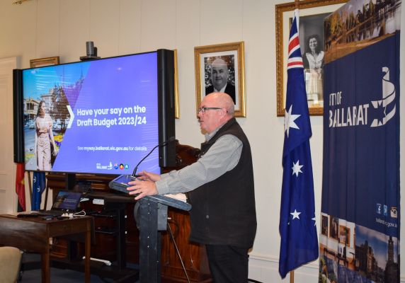 Mr Mayor addressing media during draft budget briefing
