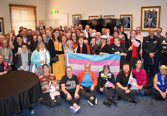 Mayor Des Hudson and community members and political representatives on Transgender Day of Visibility