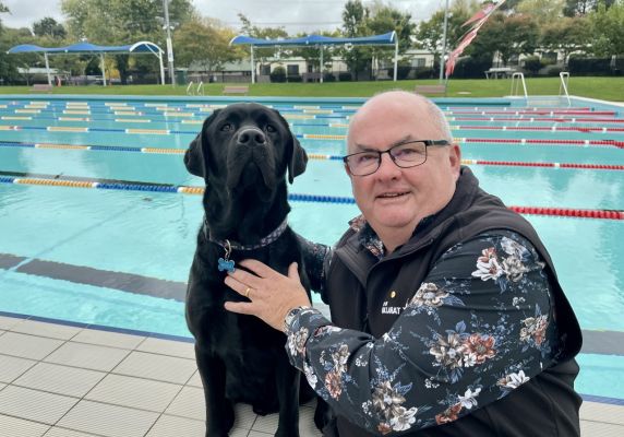 City of Ballarat Mayor, Cr Des Hudson with dog Neville at Eureka Pool