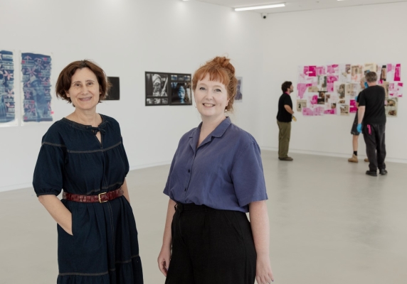 A photo taken inside the Art Gallery of Ballarat's new Backspace Gallery, with Assistant Director - Curatorial Jacqueline Doughty and Curator Emily Wakeling