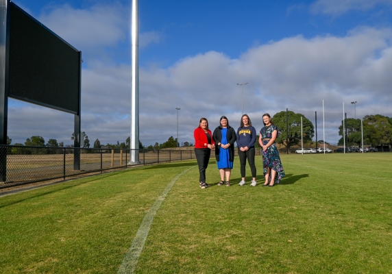 In front of the new scoreboard is (L-R) Member for Wendouree, Juliana Addison, Napoleons-Sebastopol Cricket Club President, Danielle Riding, Sebastopol Football and Netball Club President, Chenay Wilkinson and City of Ballarat Mayor, Cr Tracey Hargreaves.