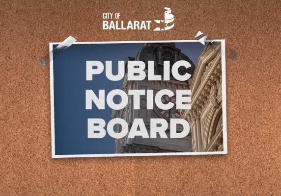 mocked up image of a cork boards with a poster taped to it that has the City of Ballarat Logo and the words Public Noticeboard