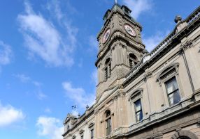 Exterior shot of Town Hall building looking up from street level