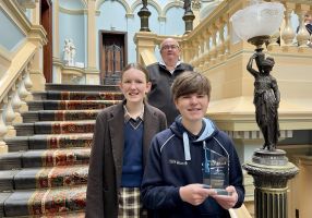 City of Ballarat Mayor, Cr Des Hudson with youth volunteers Shayla Cobbledick and Rohan McMaster