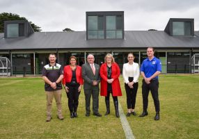 Member for Wendouree Juliana Addison, City of Ballarat Mayor Cr Des Hudson, Minister for Community Sport Ros Spence, City of Ballarat Deputy Mayor Cr Amy Johnson, with representatives from Lucas Cricket Club and Victoria Park Football (Soccer) Club.