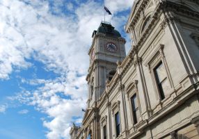 Generic image of Ballarat Town Hall facade, flag pole, blue skies