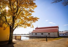 Lake Wendouree boatshed in winter sunlight