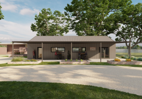 An artist's rendering of a brown shed-like building with wide veranda