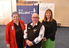 City of Ballarat Mayor, Cr Des Hudson with Lived Experience Advisory Committee member, Linda Genser and Cafs Community Engagement Officer, Linda Borner
