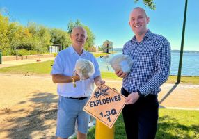 Cr Peter Eddy and Matthew Batty at Lake Wendouree previewing the Fireworks Spectacular 2024